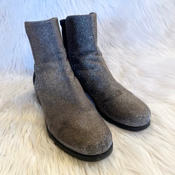 Stuart Weitzman 5050 Glitter Ankle Boot Flat Sparkle Pyrite Nocturn Silver Black - Picture 2 of 8